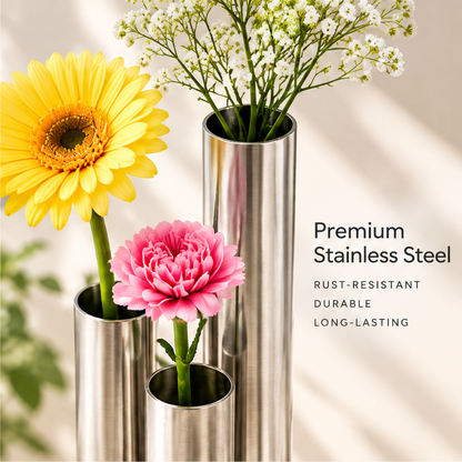 Close-up of the three reflective tubes with flowers beside stainless steel and rust-resistant material text
