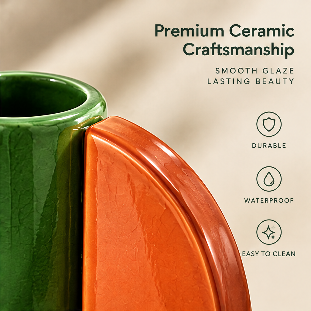 Close-up of the green ceramic opening and orange curved form, beside smooth glaze and craftsmanship text