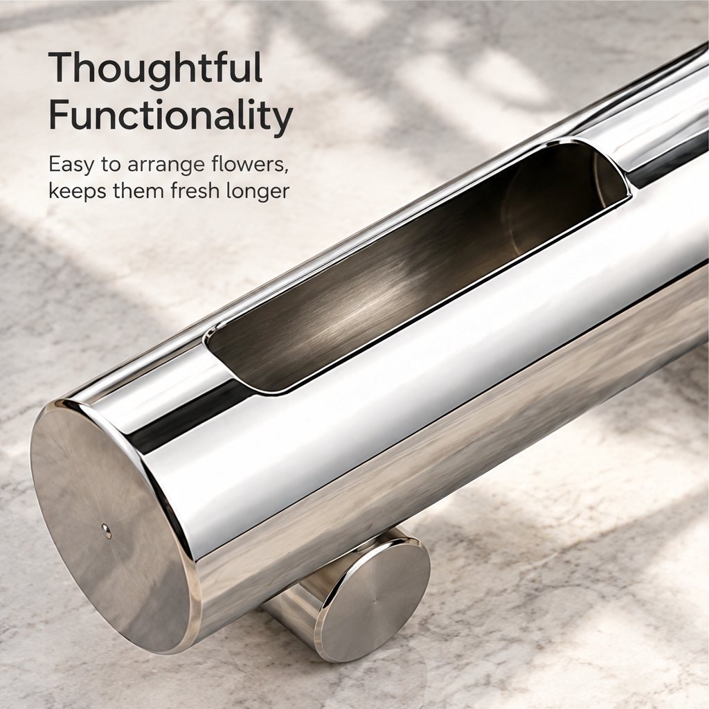 Overhead close-up of the elongated floral arranging opening in the horizontal silver vase