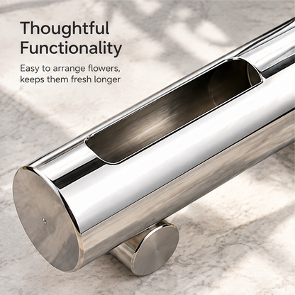 Overhead close-up of the elongated floral arranging opening in the horizontal silver vase