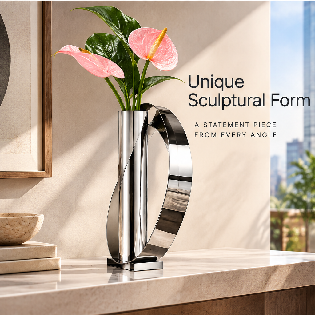 Alternate view of the silver loop vase with pink flowers, showing its sculptural form and rectangular base