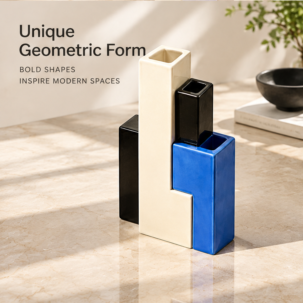 Blue, black and cream geometric ceramic vase without flowers, showing square openings and stepped forms