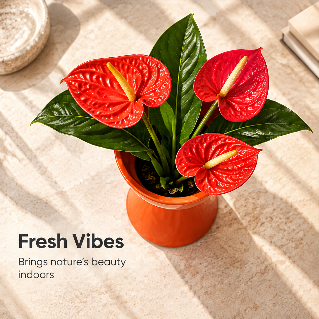 橙色花盆与红色花朵、绿色叶片的俯视场景，图片标注 Fresh Vibes