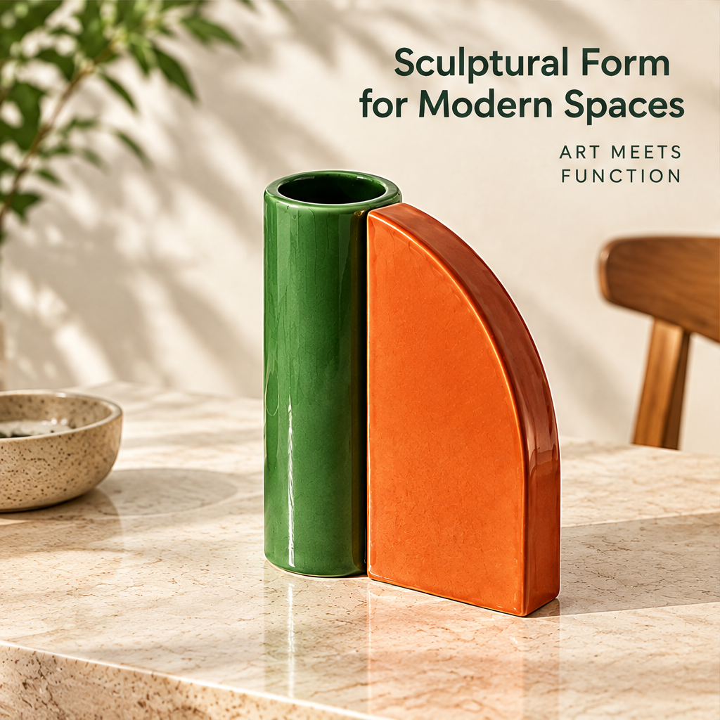 Green-and-orange ceramic vase without flowers, showing its sculptural silhouette beside modern spaces text