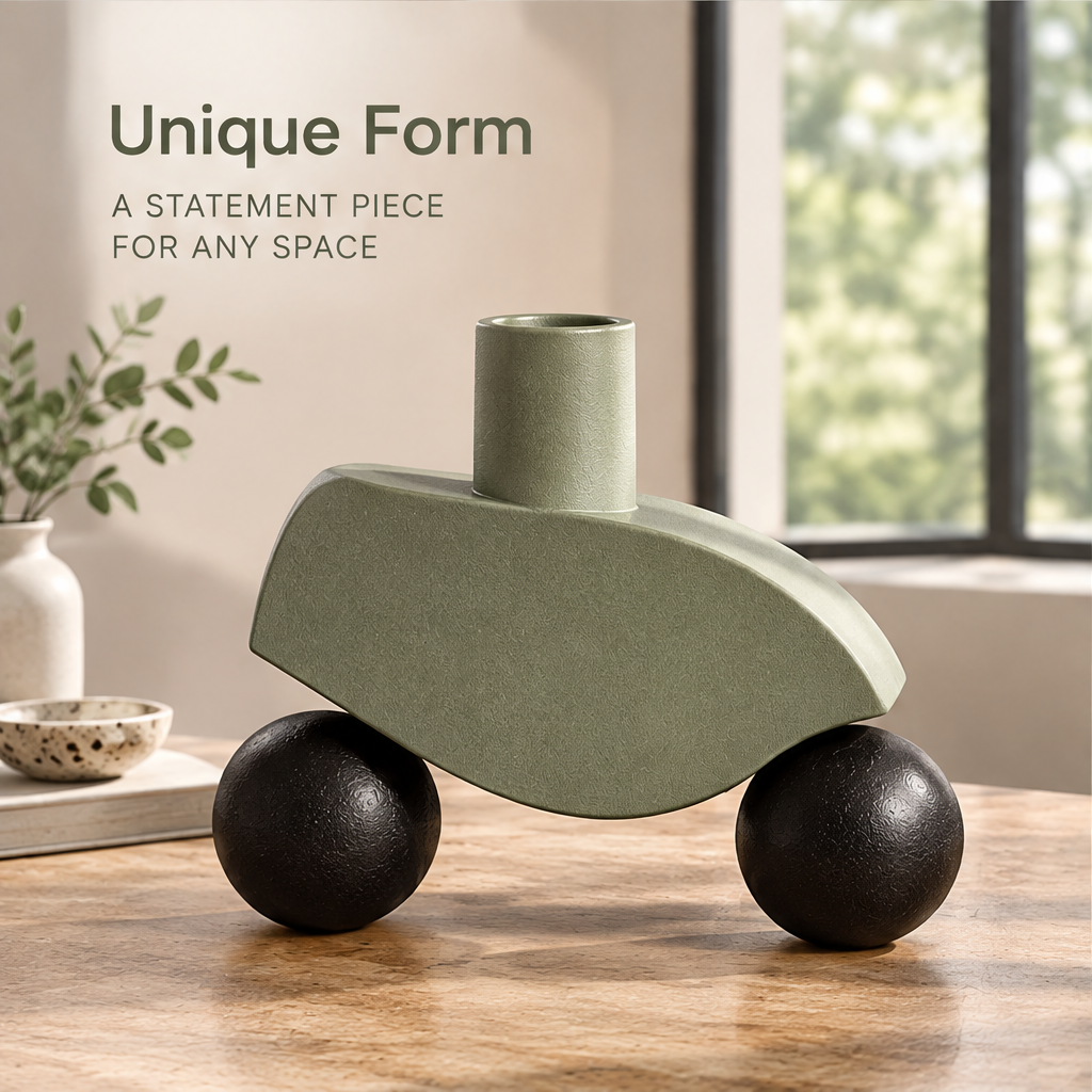 Empty sculptural vase showing a curved sage-green body, cylindrical neck and black spherical forms