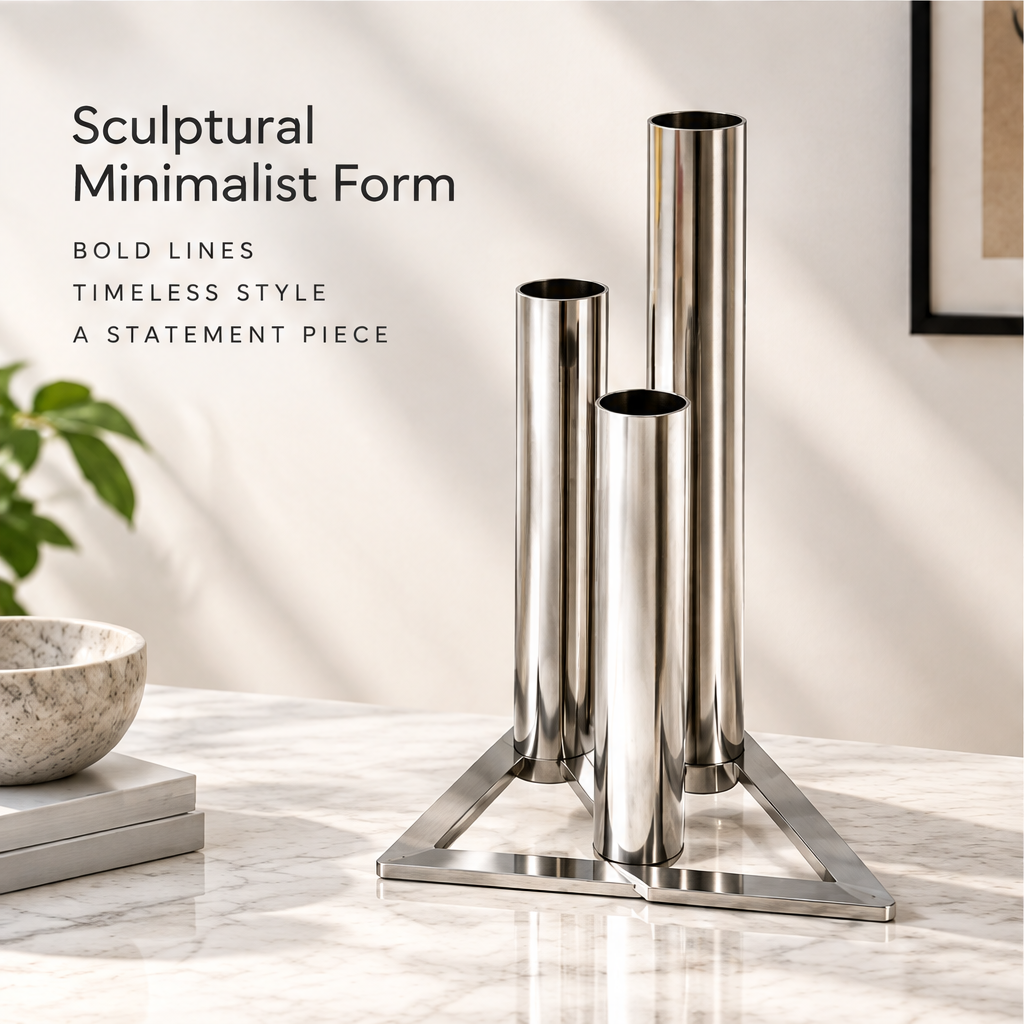 Empty triple-tube silver vase showing staggered heights and triangular base beside sculptural minimalist form text