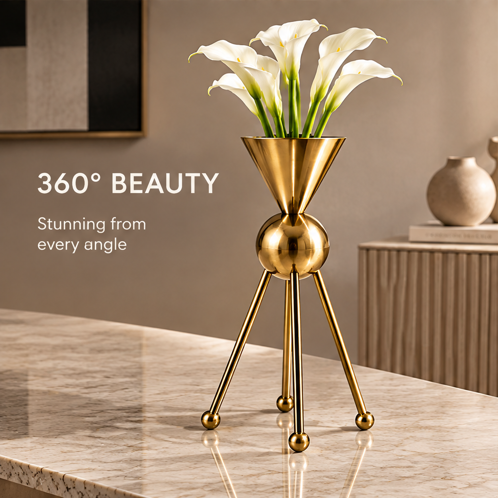 Alternate view of the gold-tone sculptural vase with rounded leg ends beside 360-degree beauty text