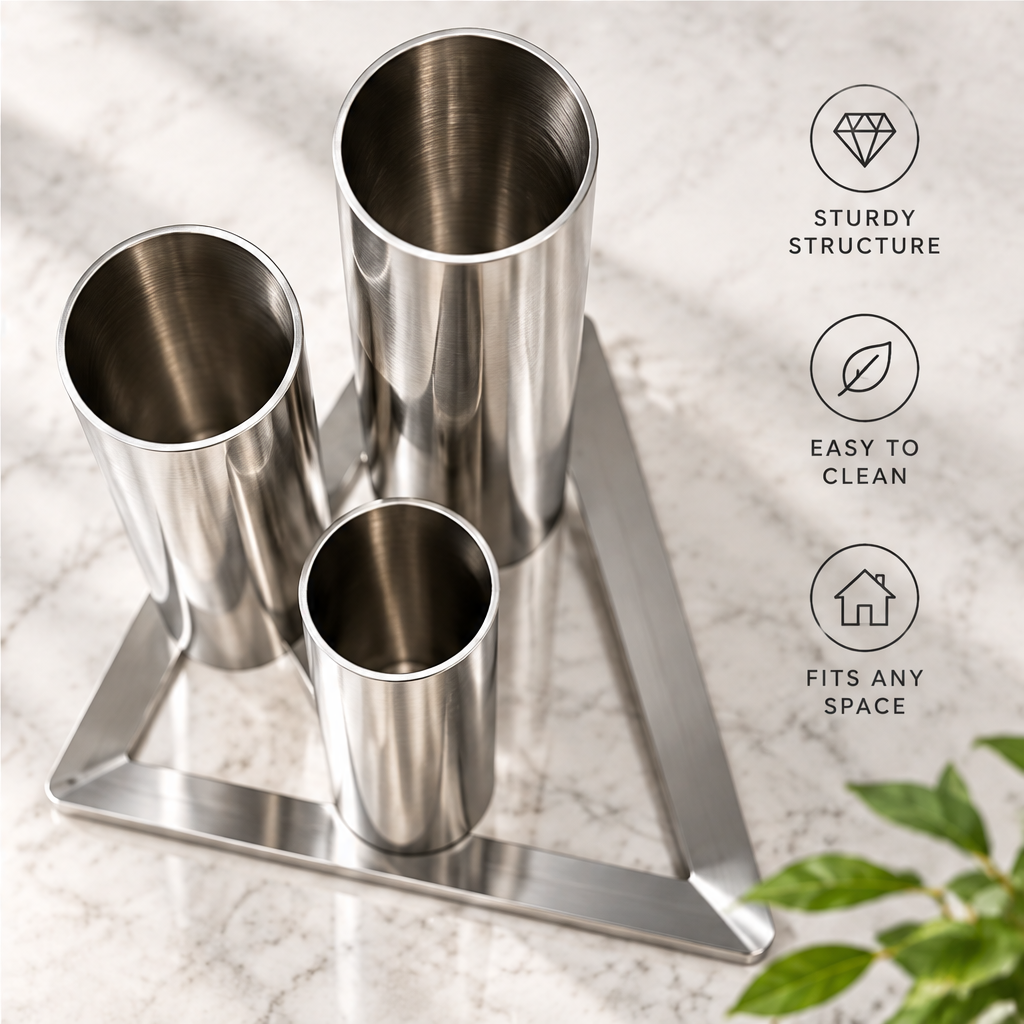 Overhead view of three cylindrical openings and triangular base beside sturdy structure and easy-to-clean text