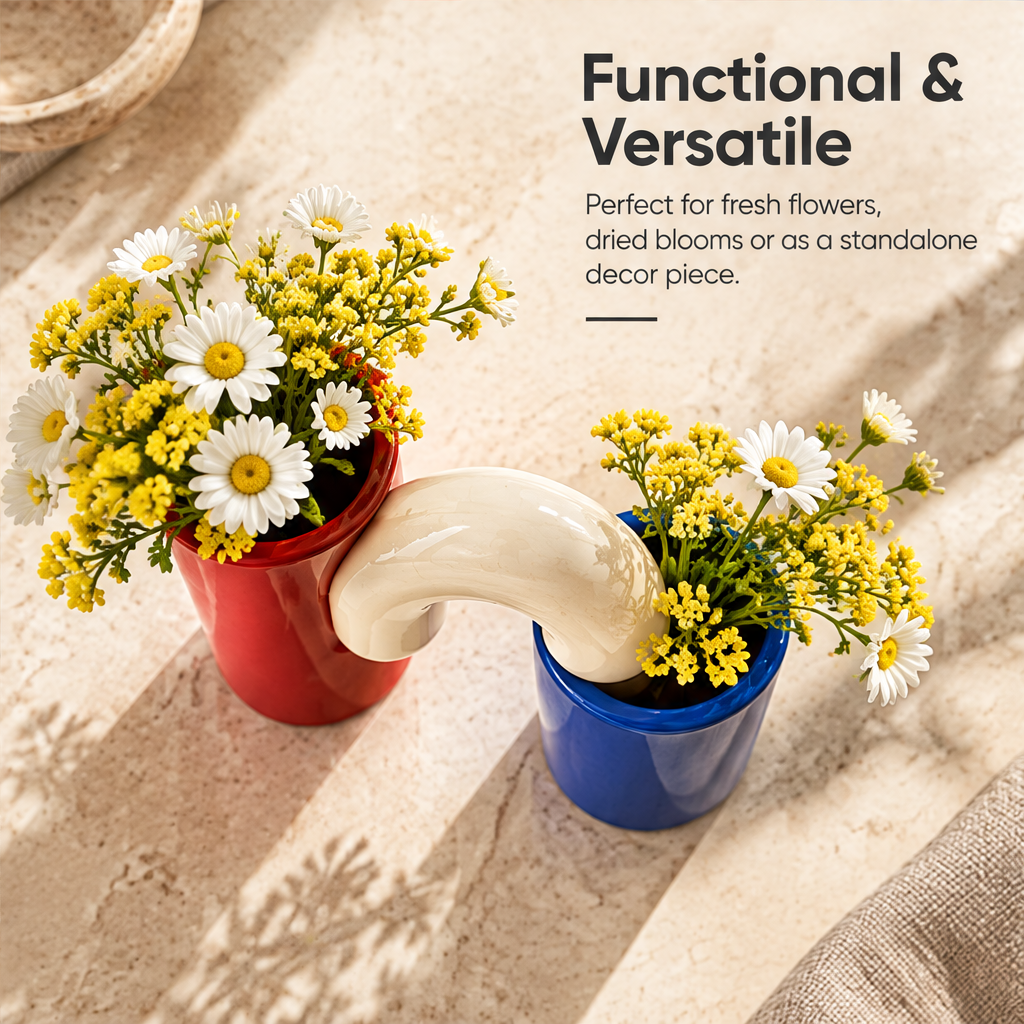 Overhead view of the geometric ceramic vase styled with daisies and yellow blooms, beside versatile styling text