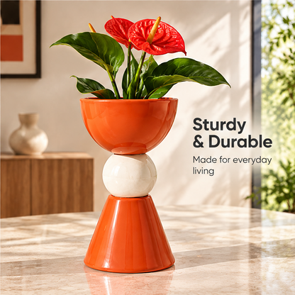 橙白花盆的侧面室内展示，图片标注 Sturdy & Durable