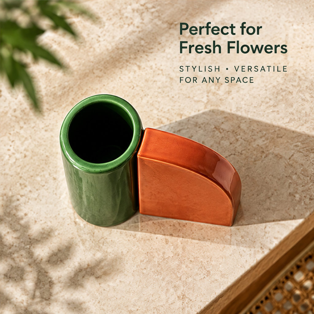 Overhead view of the green cylindrical opening and orange geometric form beside fresh flowers styling text