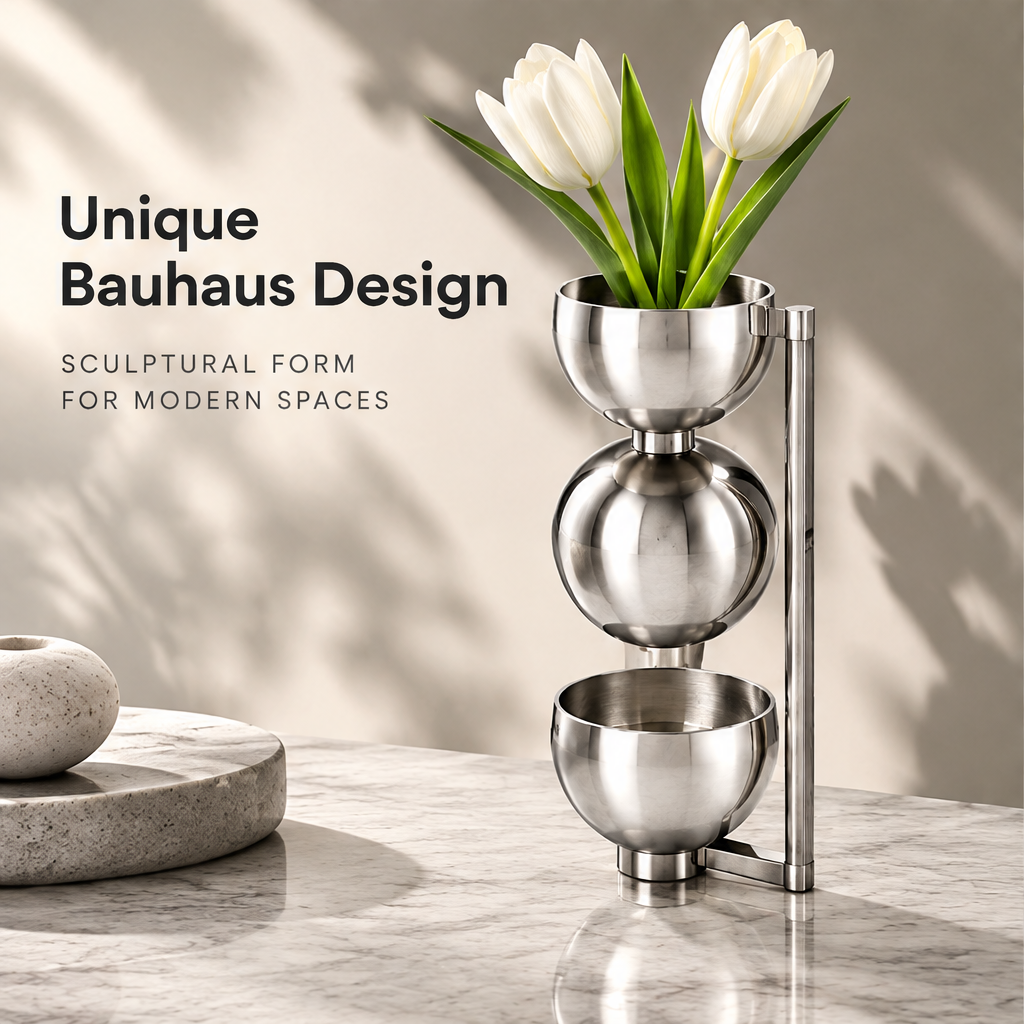 Alternate view of the silver sculptural vase beside Unique Bauhaus Design text