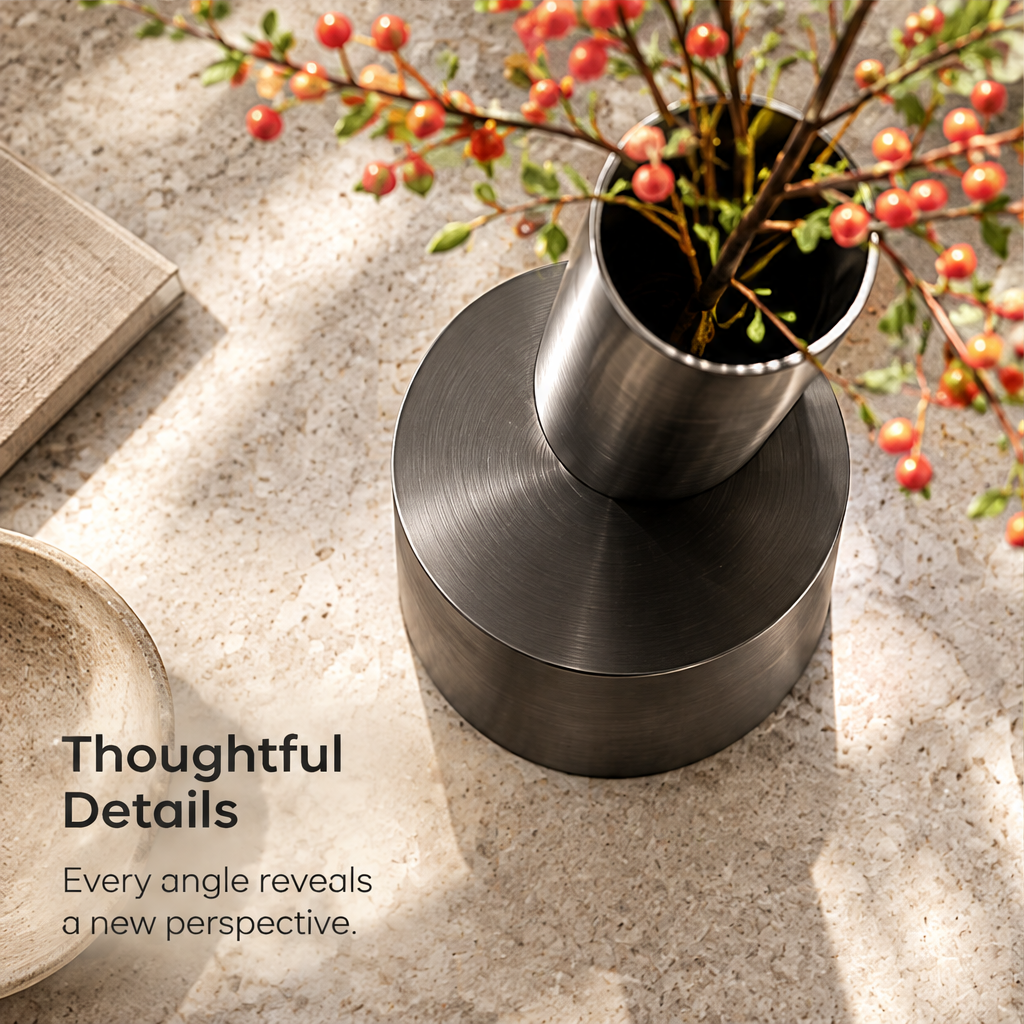 Empty tilted cylinder vase showing its round base beside Stable & Versatile text