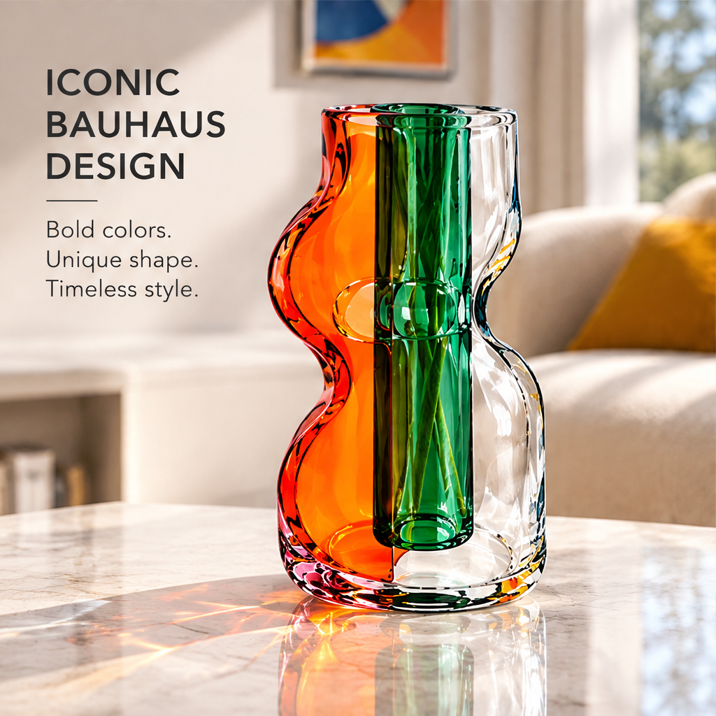 Empty orange, green and clear wavy glass vase beside Iconic Bauhaus Design text