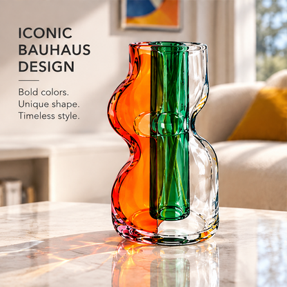 Empty orange, green and clear wavy glass vase beside Iconic Bauhaus Design text