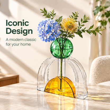 Alternate full view of the geometric glass vase beside Iconic Design text