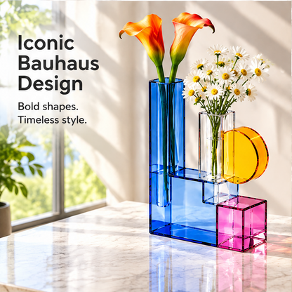 Blue and clear glass columns, yellow disc and pink cube beside Iconic Bauhaus Design text