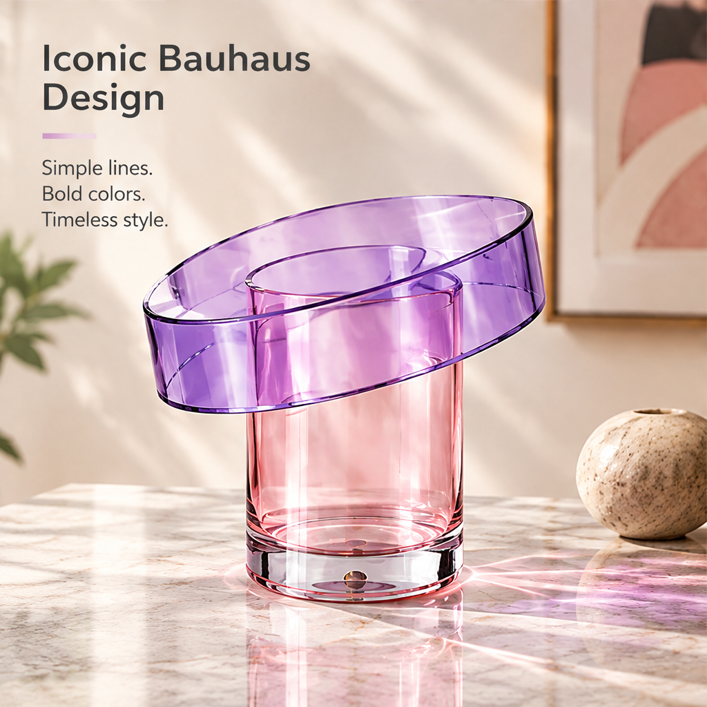 Empty pink cylindrical vase and angled purple ring beside Iconic Bauhaus Design text
