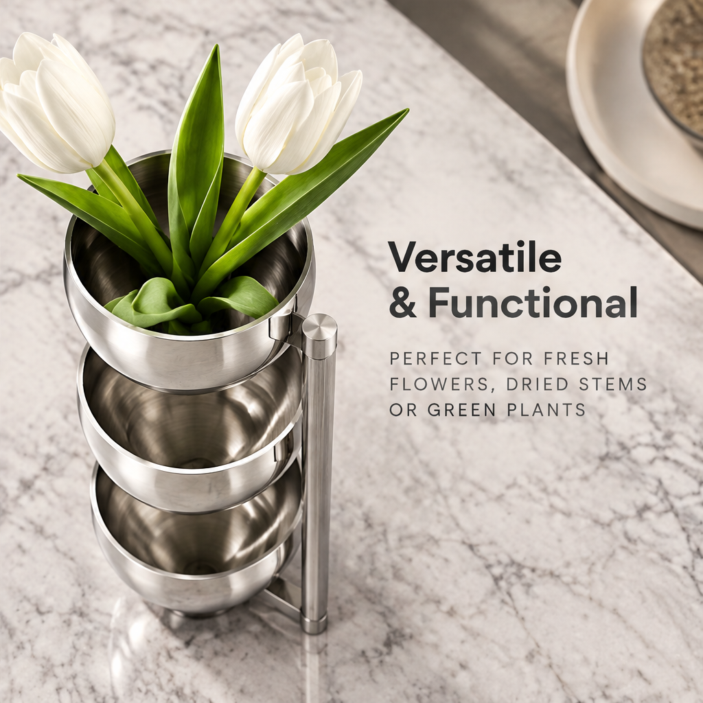 Overhead view of the stacked bowl-shaped forms and white tulips beside versatile botanical styling text