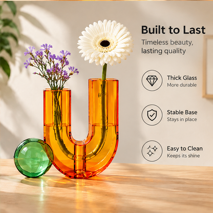 Reverse view of the U-shaped vase with flowers beside thick glass, stable base and easy-to-clean text