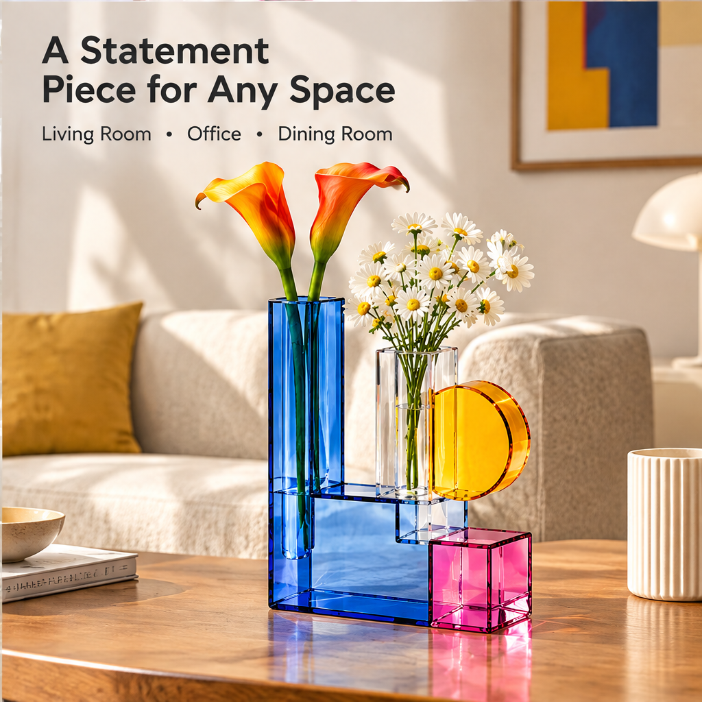 Geometric glass vase on a wooden table beside living room, office and dining room styling text