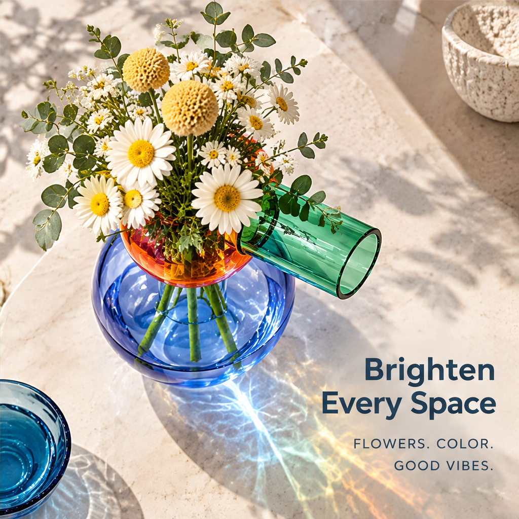 Overhead view of the colorful sphere vase with daisies and yellow flowers beside Brighten Every Space text