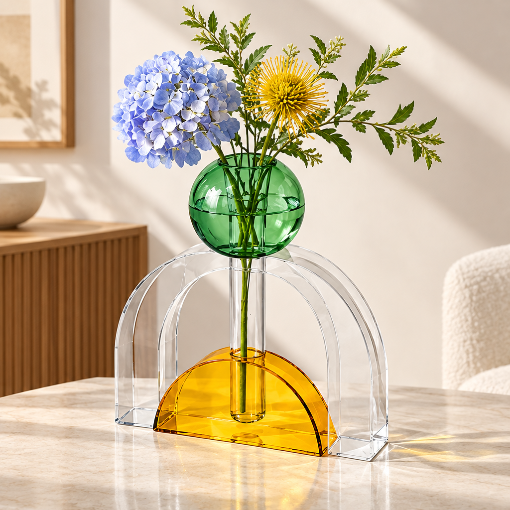Geometric glass vase with a green spherical vessel, clear arch and amber semicircle, styled with blue and yellow flowers