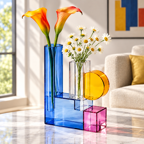 Blue, clear, yellow and pink geometric glass vase styled with orange calla lilies and white daisies on a tabletop