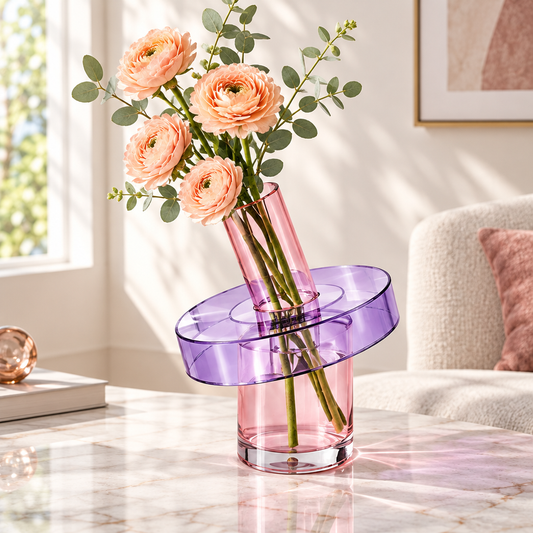 Pink glass cylinder vase with an angled purple ring, styled with peach flowers and green leaves on a tabletop
