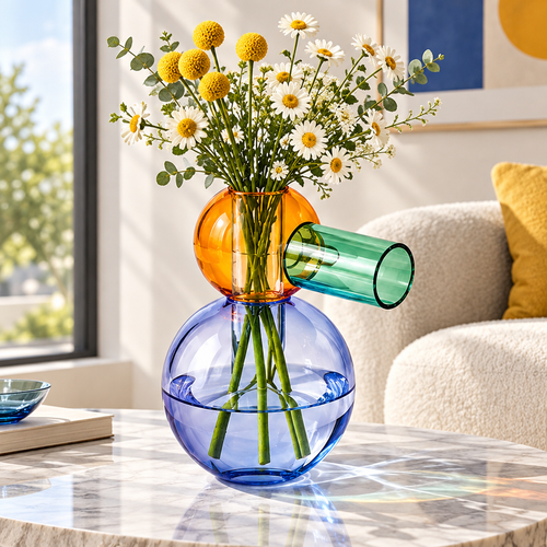 Blue and orange stacked sphere glass vase with a green horizontal tube, styled with white daisies and yellow flowers