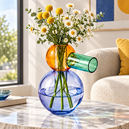 Blue and orange stacked sphere glass vase with a green horizontal tube, styled with white daisies and yellow flowers
