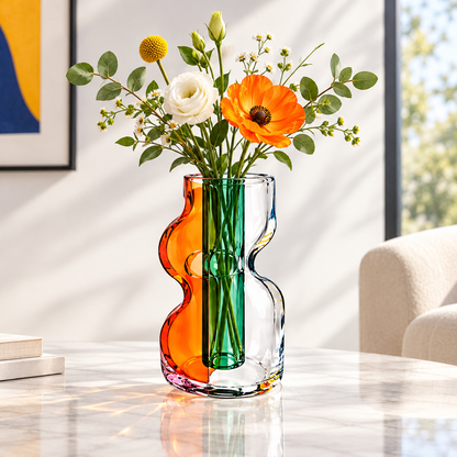 Wavy orange and clear glass vase with a green central tube, styled with orange and white flowers on a tabletop