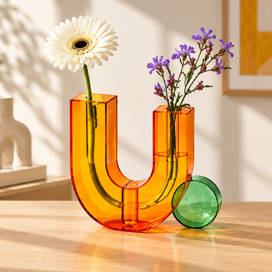 Orange U-shaped glass vase with a green circular accent, styled with a white flower and purple blooms on a wooden tabletop